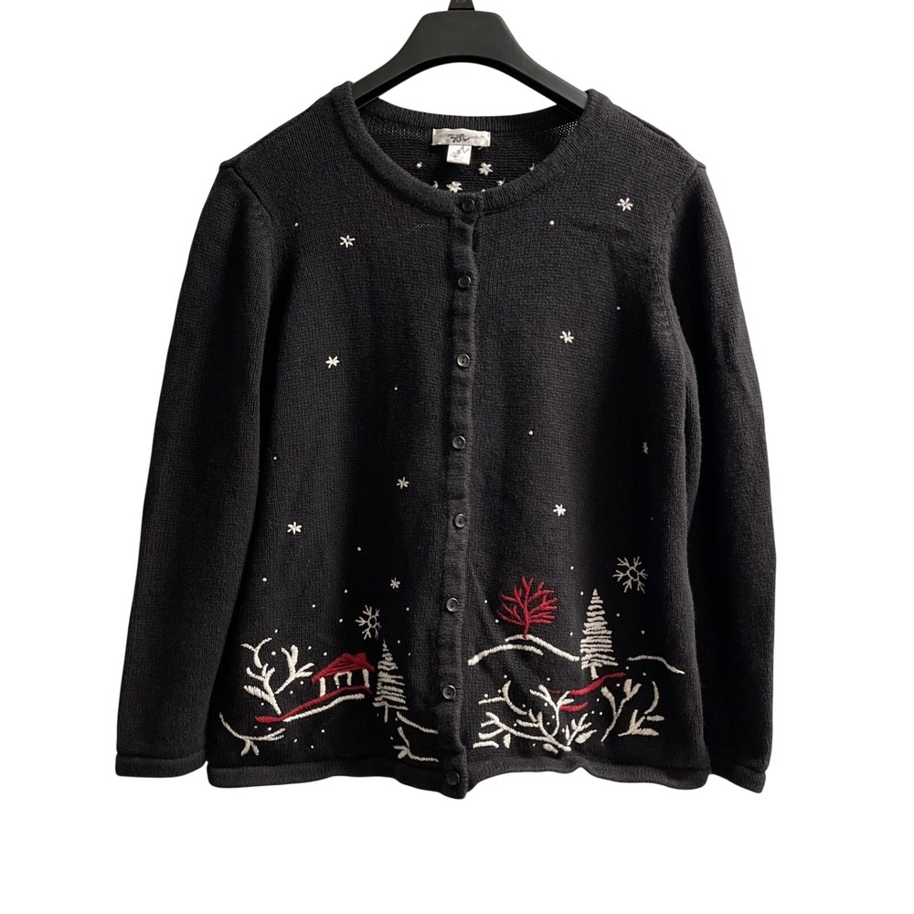 Christopher Banks Cardigan‎ Womens XL Black Winter Scene Embroidered Sweater